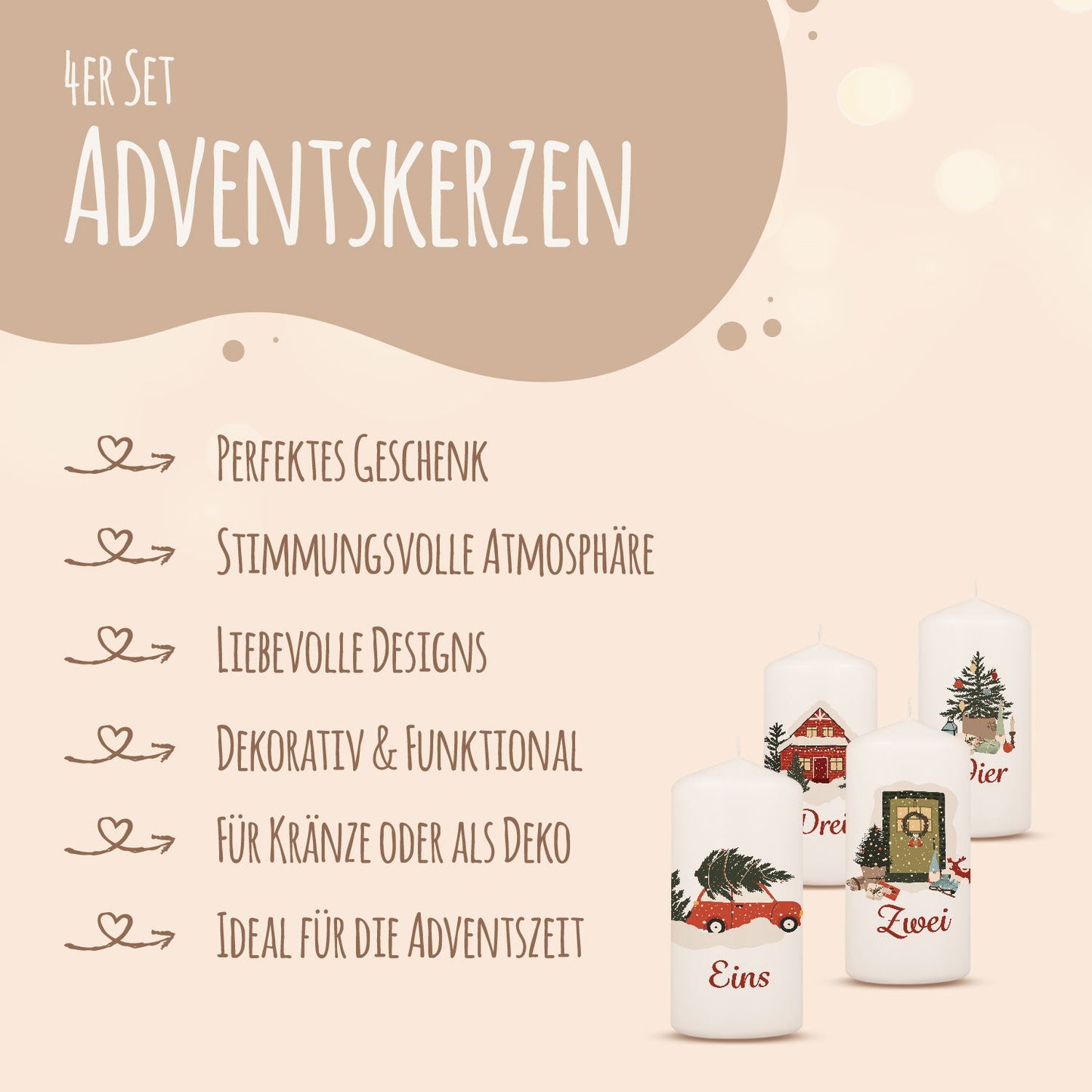 Adventskaarsen ‘Kerstmotieven’ – set van 4