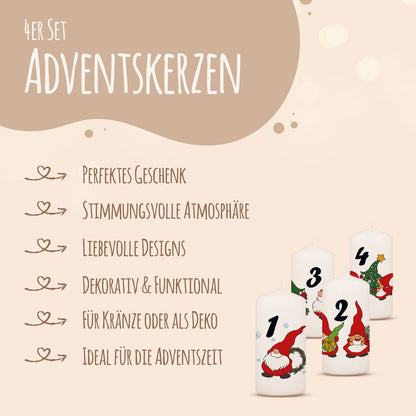 Adventskerzen-Set „Wichtel“ – 4 Stumpenkerzen