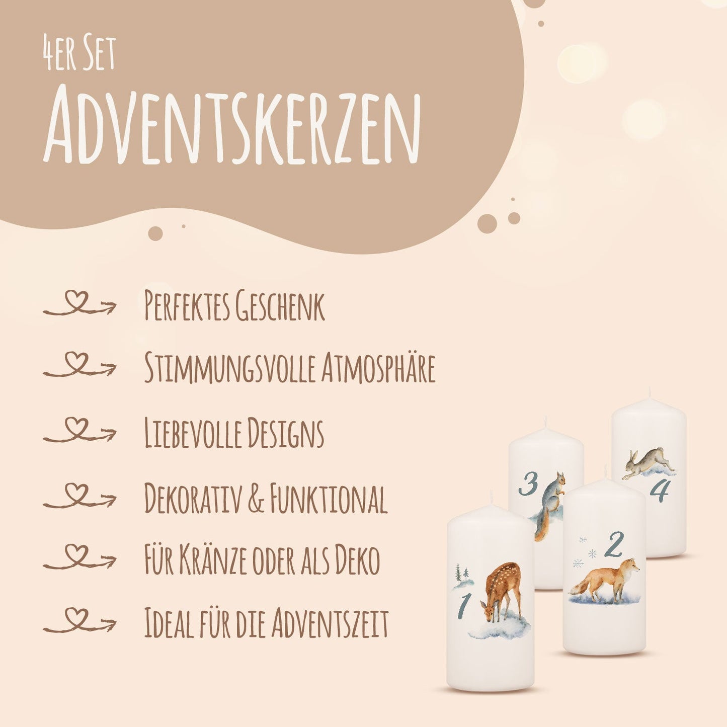 Adventskerzen „Wintertiere Aquarell“ – 4er-Set