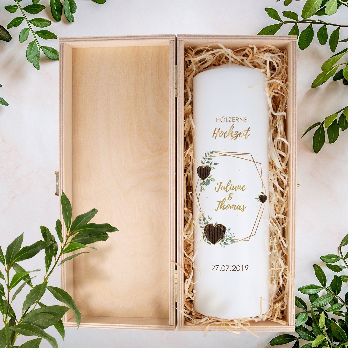 Hochzeitskerze „Hölzerne Hochzeit“ – Detailansicht