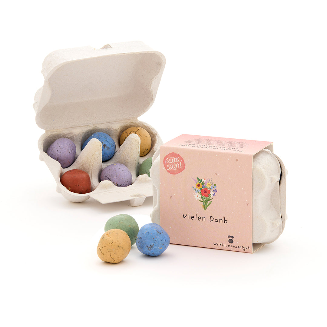 6 Blumenmurmeln „Vielen Dank“ – Mini-Eierkarton