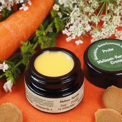 Melissen-Karotten Creme 7 ml – Probiergröße und Verpackung
