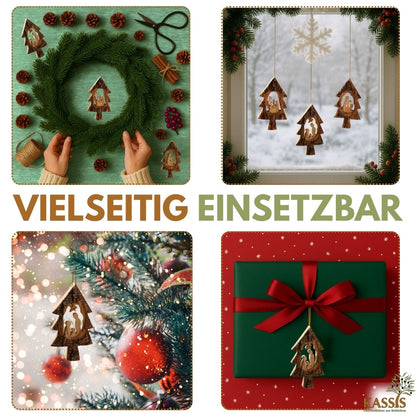 Kerststal-hangers in kerstboomvorm – set van 3 met schors