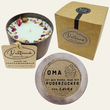 Handgegossene Muttertags-Duftkerze in Metalldose
