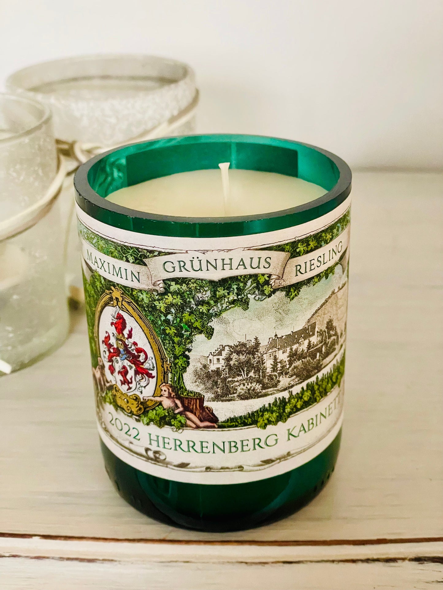 Flaschenkerze Maximin Grünhaus Herrenberg Riesling Kabinett 2022 als Upcycling Kerze aus originaler Weinflasche