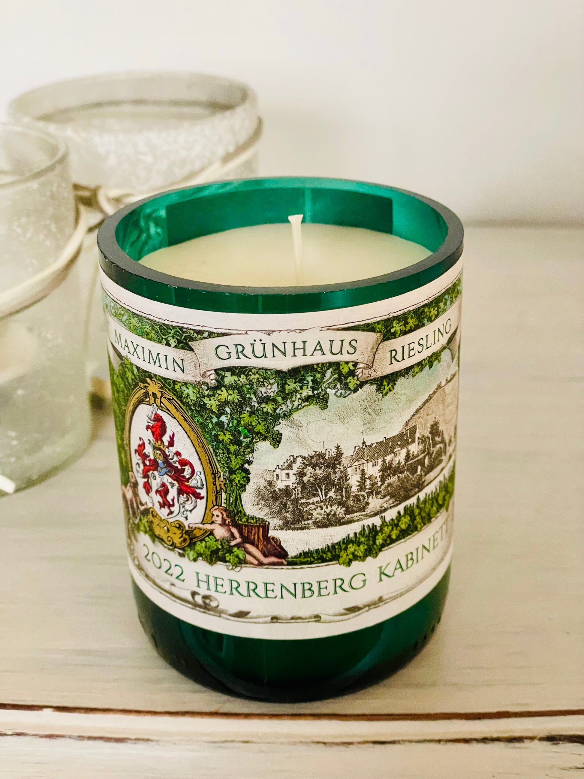 Flaschenkerze Maximin Grünhaus Herrenberg Riesling Kabinett 2022 als Upcycling Kerze aus originaler Weinflasche