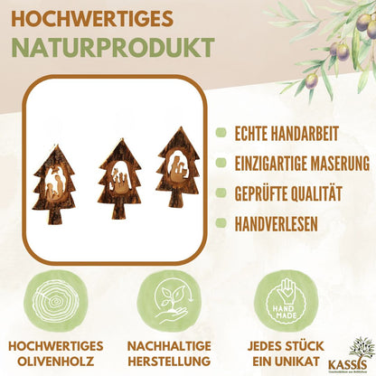 Kerststal-hangers in kerstboomvorm – set van 3 met schors