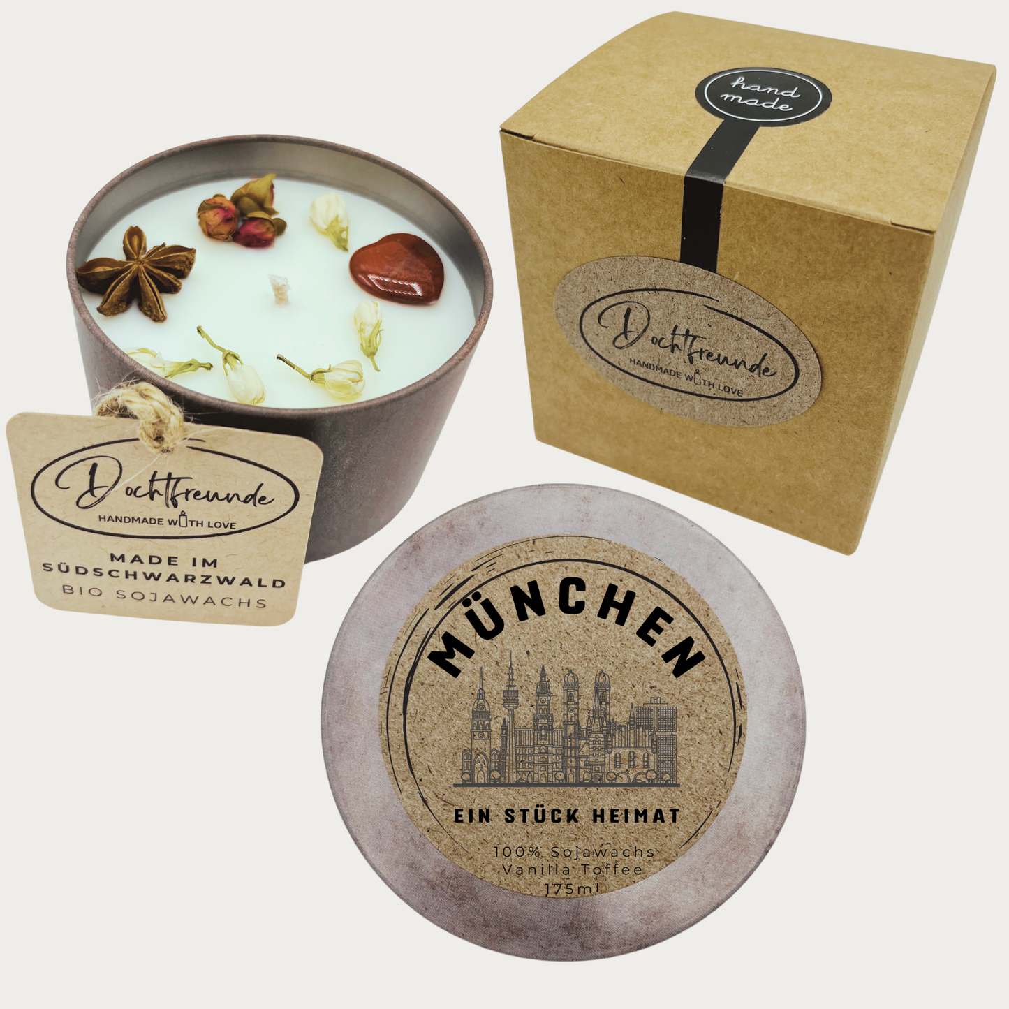 Geschenkkerze mit Stadtmotiv, Deckel und auswählbarem Duft