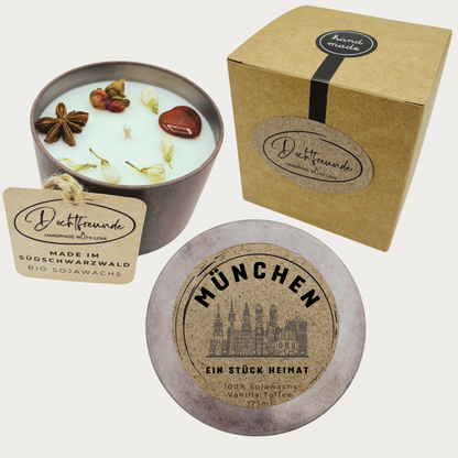 Geschenkkerze mit Stadtmotiv, Deckel und auswählbarem Duft