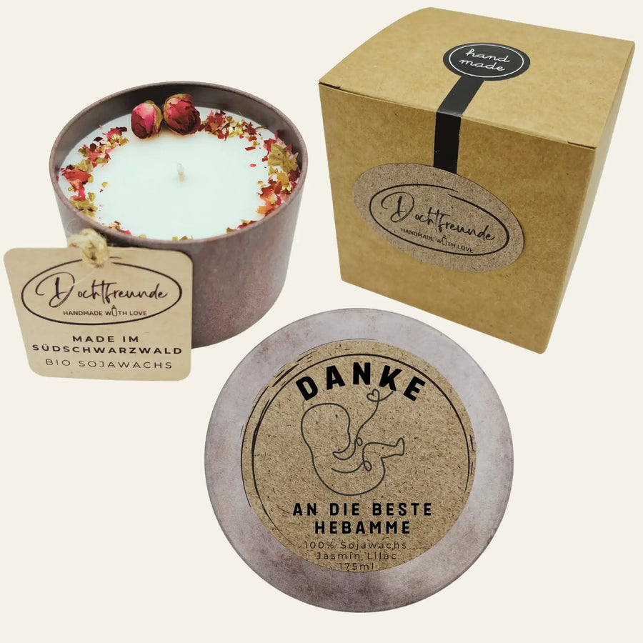 Personalisierte Duftkerze Danke an die beste Hebamme als liebevolles Dankeschön nach Geburt und Wochenbett