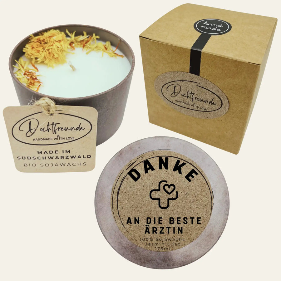Personalisierte Duftkerze Danke an die beste Ärztin als wertschätzendes Geschenk nach Behandlung und Begleitung