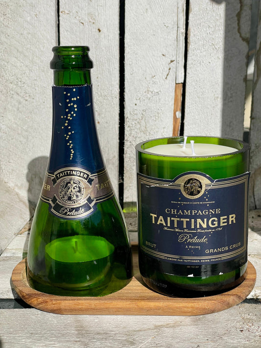 Flaschenkerzen-Set Taittinger Prélude mit Windlicht & Holztablett als Upcycling Geschenkidee mit Kerzenlicht und Originalflasche
