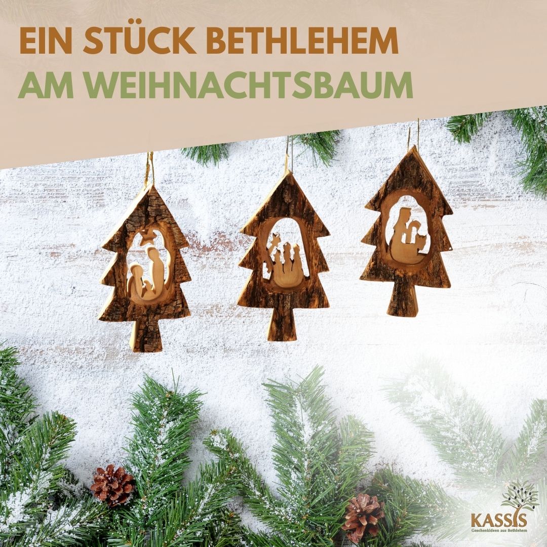 Kerststal-hangers in kerstboomvorm – set van 3 met schors