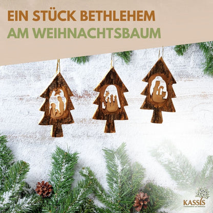 Kerststal-hangers in kerstboomvorm – set van 3 met schors