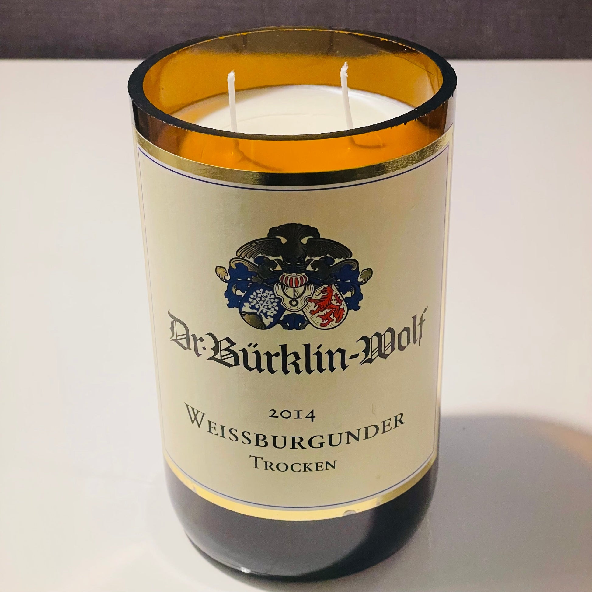 Flaschenkerze Magnum Dr. Bürklin-Wolf Weissburgunder 2014 als Upcycling Kerze aus originaler Magnumflasche