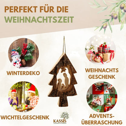 Kerststal-hangers in kerstboomvorm – set van 3 met schors