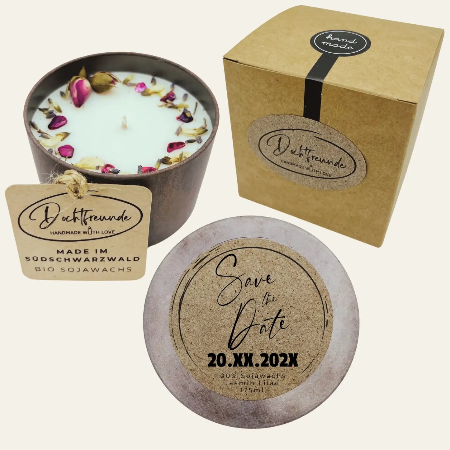 Personalisierte Save-The-Date-Duftkerze mit Datumsbotschaft
