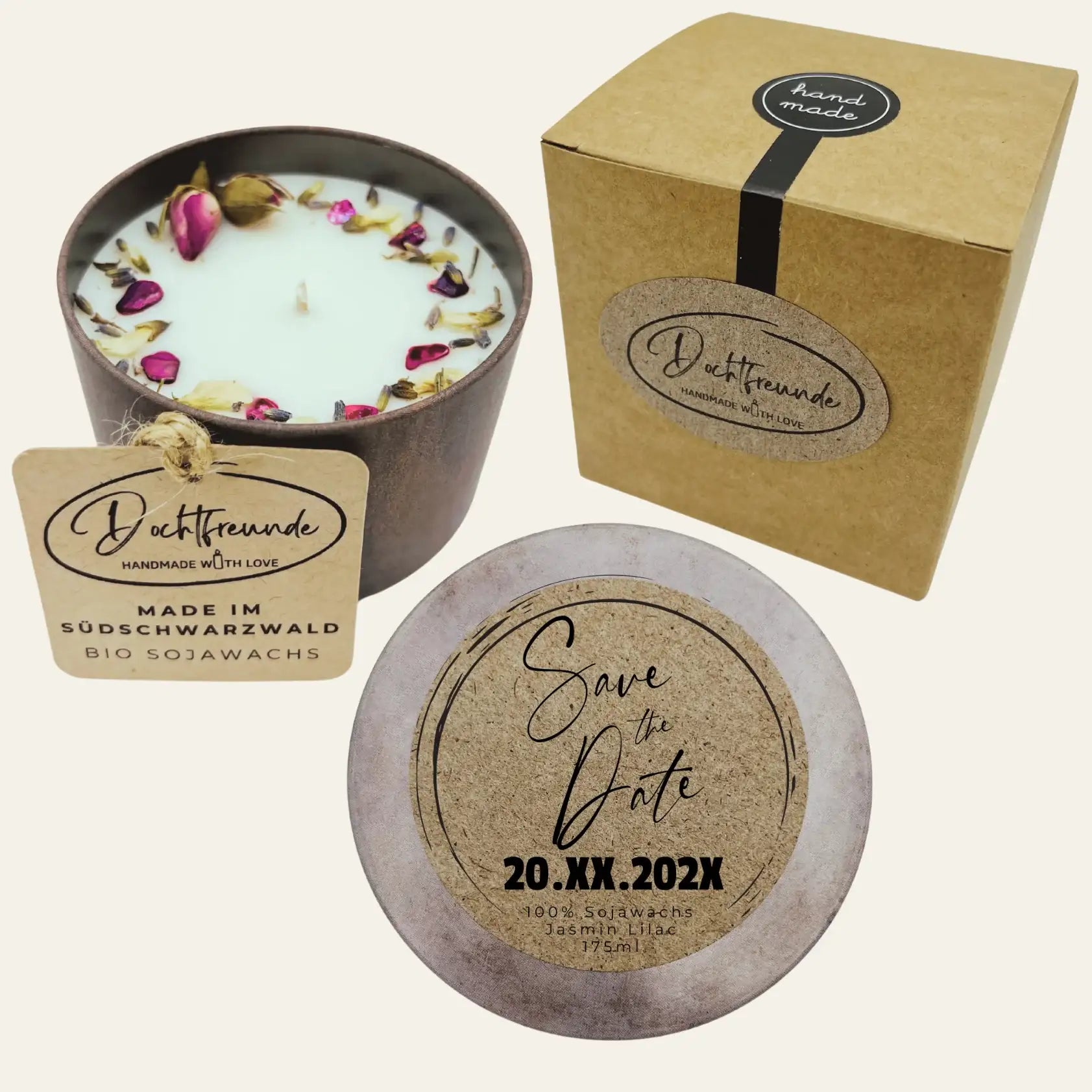 Personalisierte Save-The-Date-Duftkerze mit Datumsbotschaft