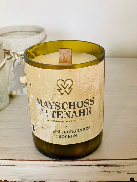 Flaschenkerze Mayschoss Altenahr Spätburgunder Flutwein 2019 als Upcycling Kerze aus originaler Weinflasche
