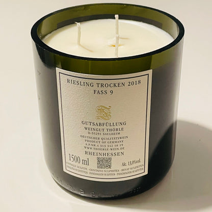 Flaschenkerze Magnum Thörle Riesling Fass 9 2018 als Upcycling Kerze aus originaler Magnumflasche