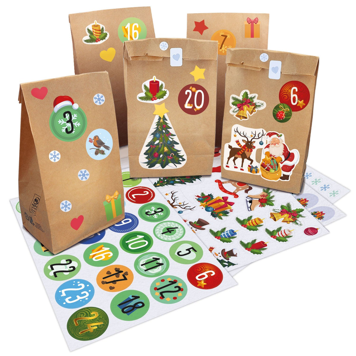 DIY-Adventskalender mit 25 Kraftpapiertüten und 144 Stickern