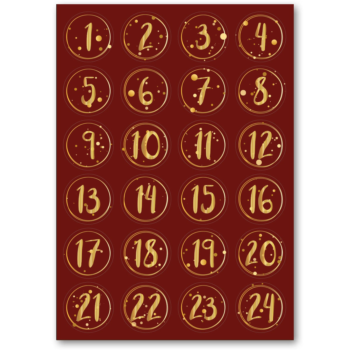 Adventskalender-Zahlenaufkleber 1 bis 24 in vier Farben