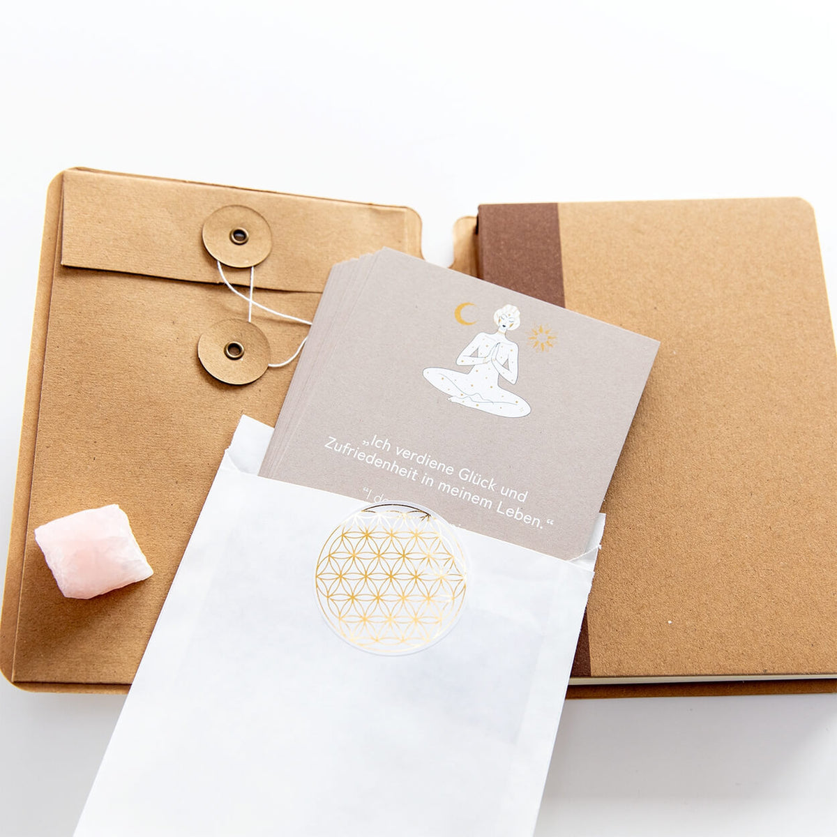 Affirmationskarten Set mit Bullet Journal und Rosenquarz