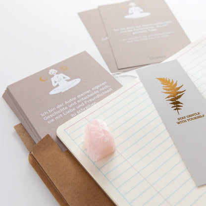 Affirmationskarten Set mit Bullet Journal und Rosenquarz
