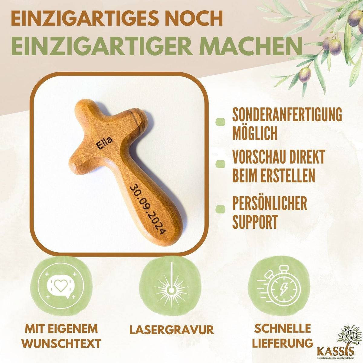 Olivenholz-Handkreuz mit Gravur – 7 bis 10,5 cm – weitere Produktansicht 6 von 13