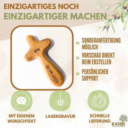 Olivenholz-Handkreuz mit Gravur – 7 bis 10,5 cm – weitere Produktansicht 6 von 13