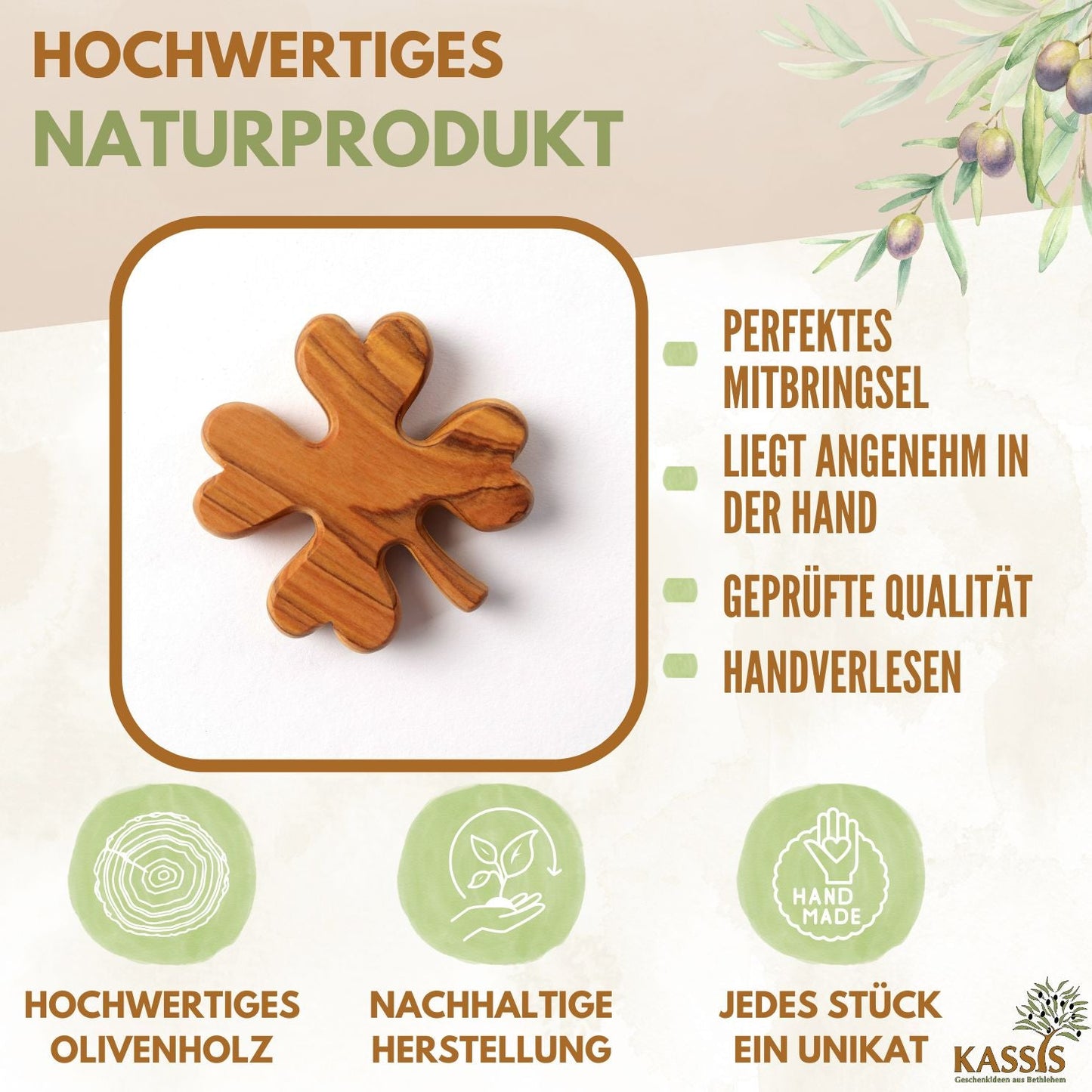 Klaverblad van olijfhout – handsteen & geluksbrenger