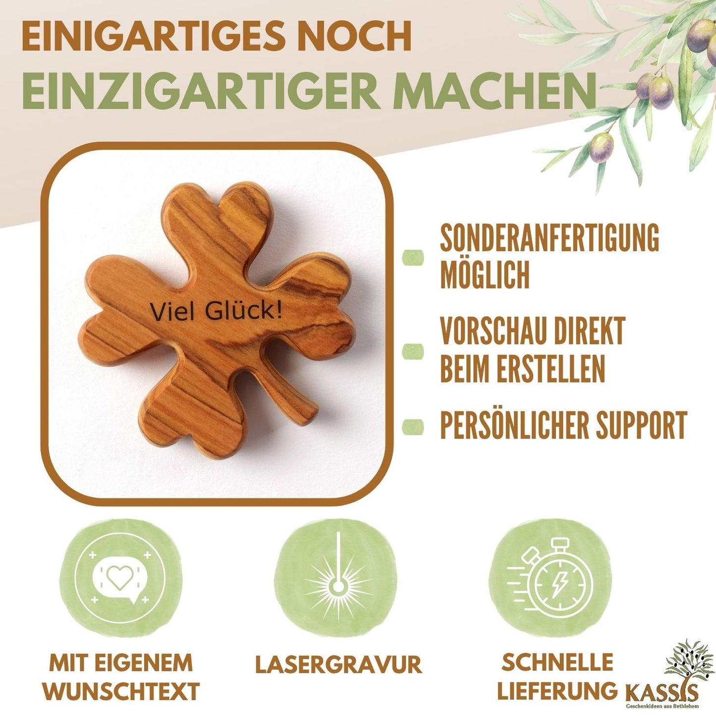 Klaverblad van olijfhout – handsteen & geluksbrenger