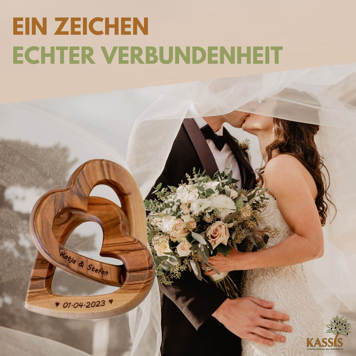 Verbundene Olivenholz-Herzen mit Gravur – 10 cm – weitere Produktansicht 5 von 10