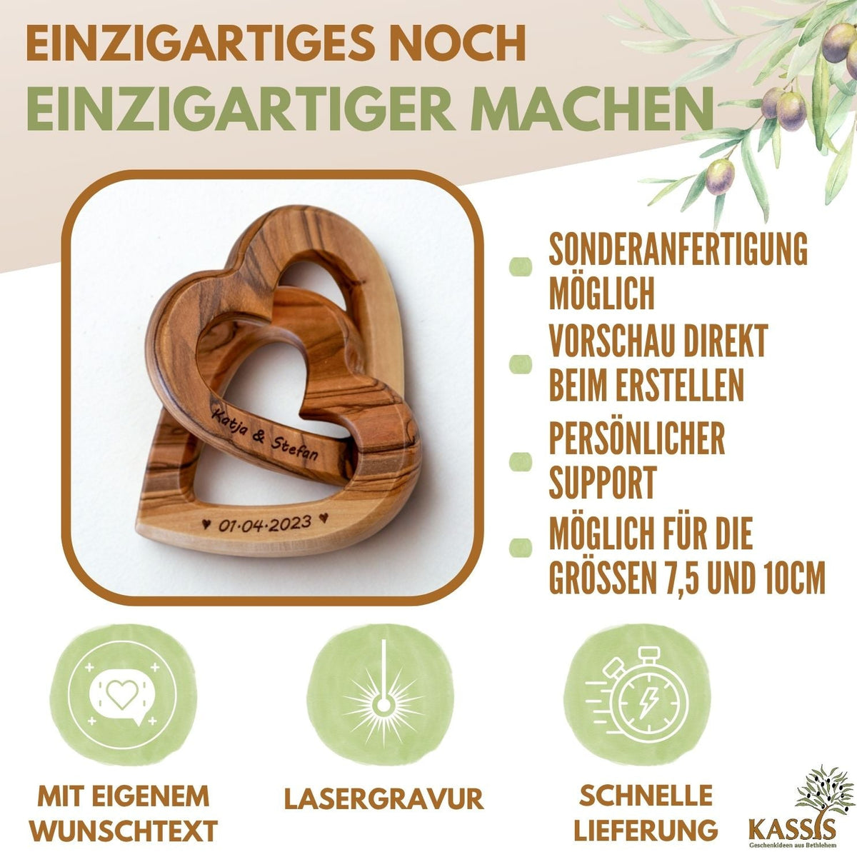 Verbundene Olivenholz-Herzen mit Gravur – 10 cm – weitere Produktansicht 6 von 10