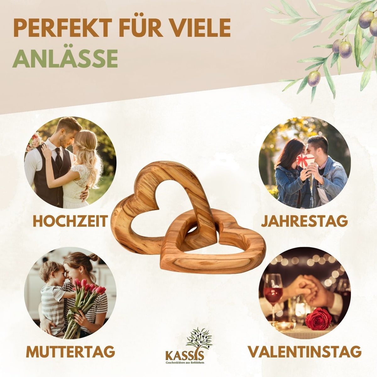 Verbundene Olivenholz-Herzen mit Gravur – 10 cm – weitere Produktansicht 7 von 10