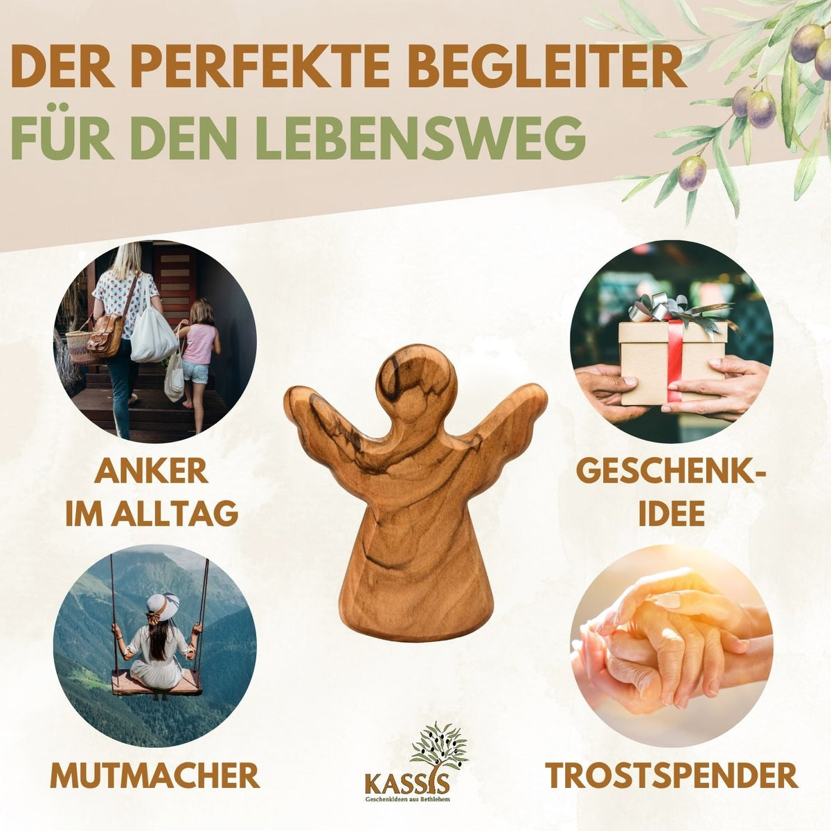 Olivenholz-Schutzengel mit Spruch „Alles Gute“ – weitere Produktansicht 8 von 11