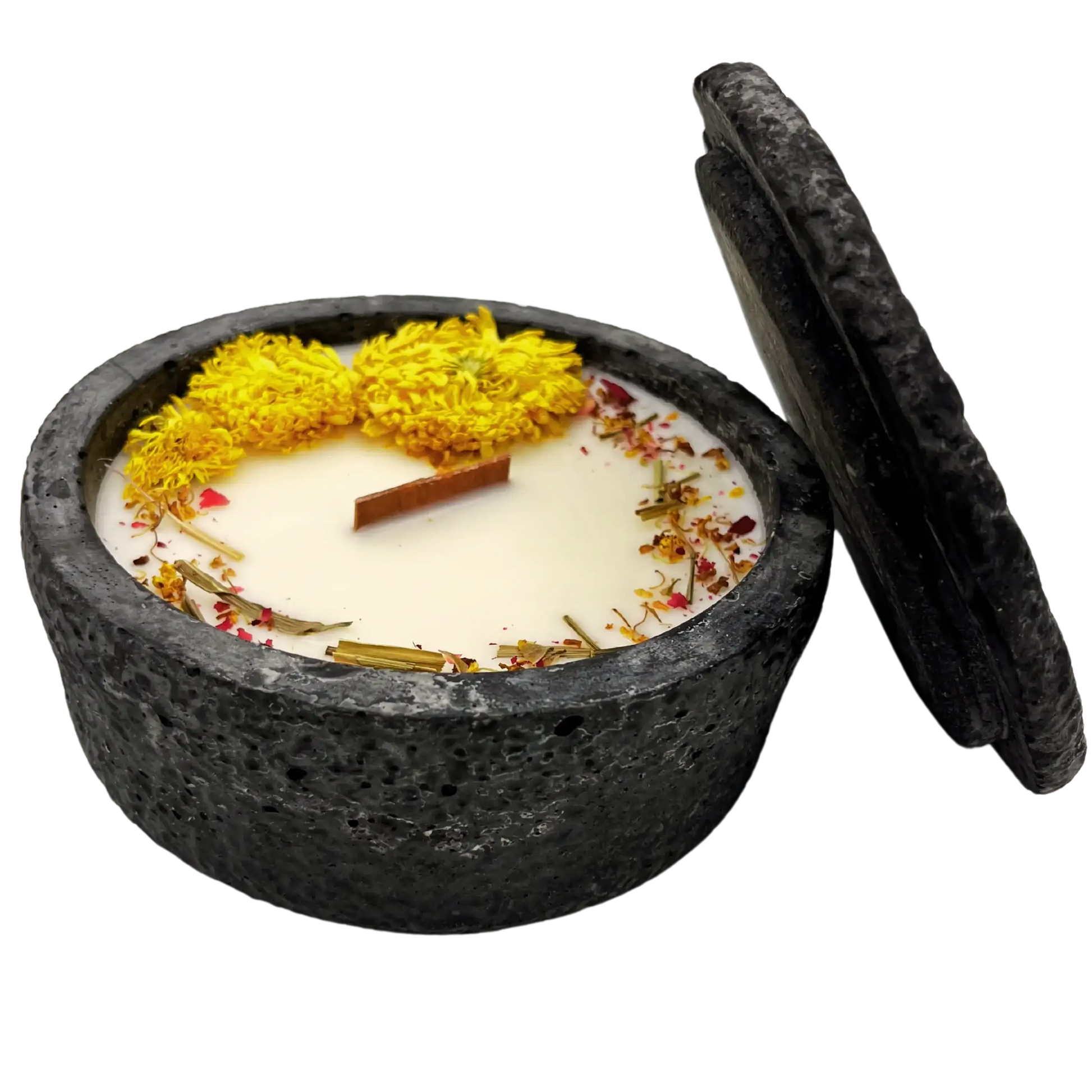 Schwarze Citronella-Kerze „Die Dämmerung“ mit dekorativem Blütenmotiv
