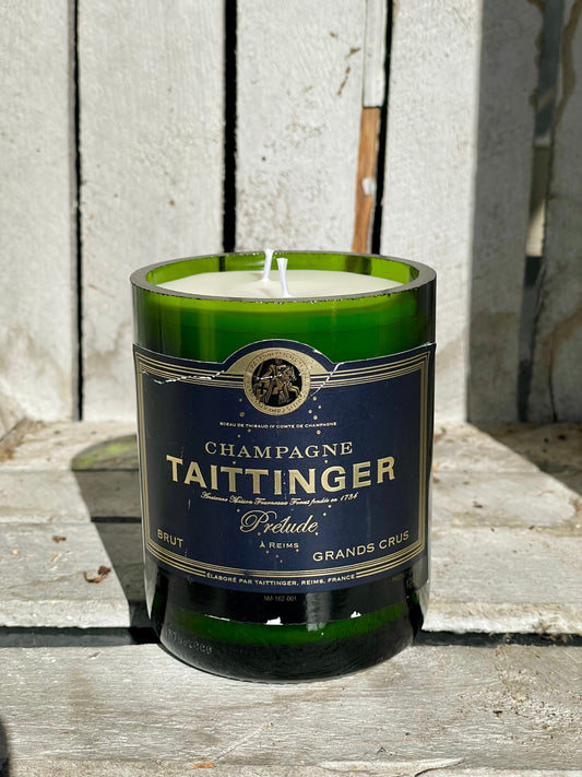 Flaschenkerze Taittinger Prélude Grands Crus als Upcycling Kerze aus originaler Champagnerflasche