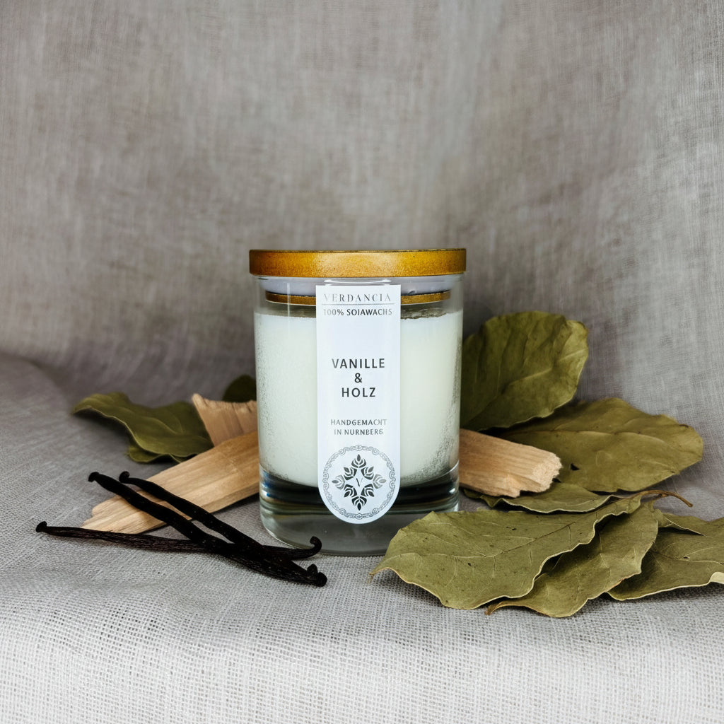 Verdancia Original Vanille und Holz – warme Sojawachs-Duftkerze im Glas