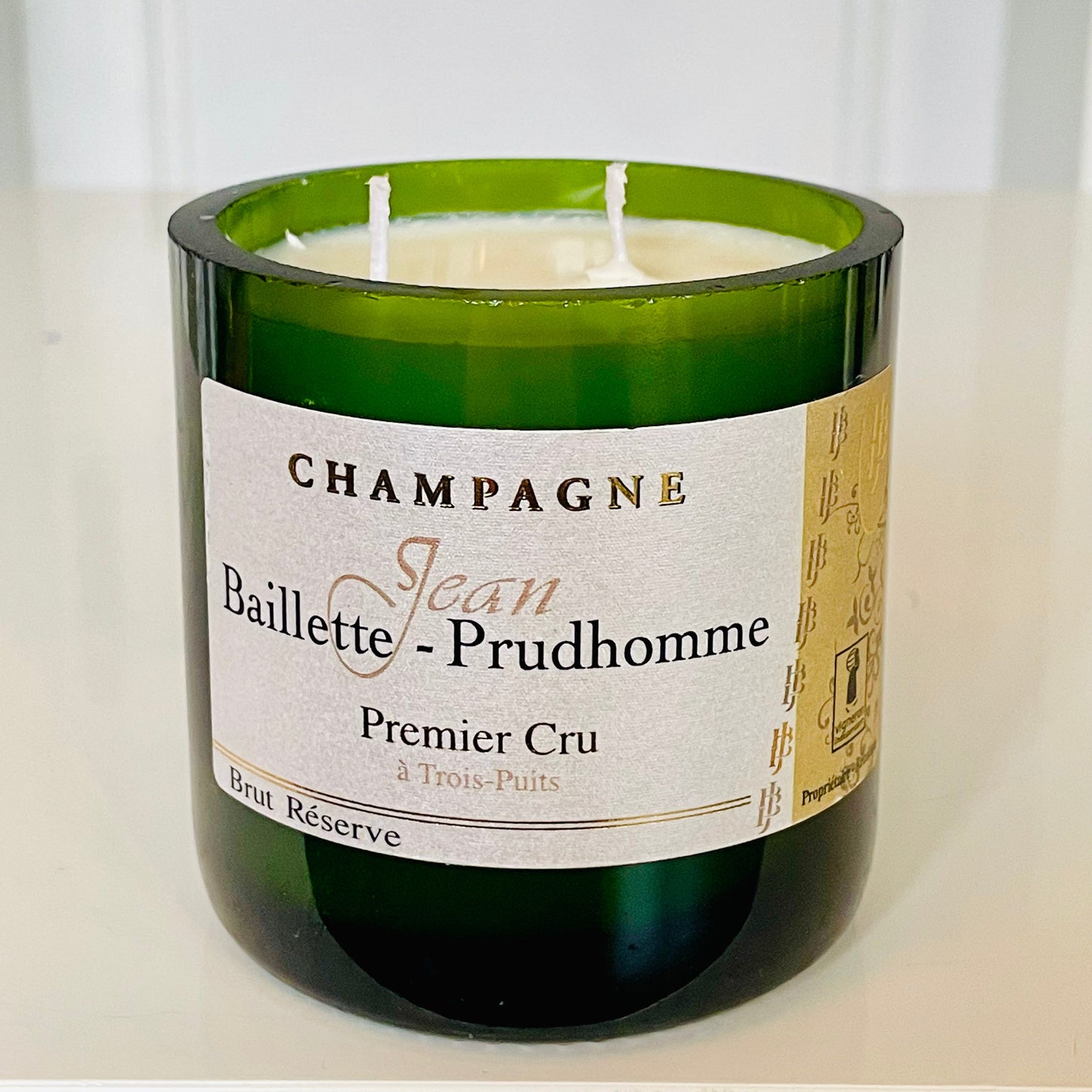 Flaschenkerze Jean Baillette-Prudhomme Premier Cru Brut Réserve als Upcycling Kerze aus originaler Sektflasche