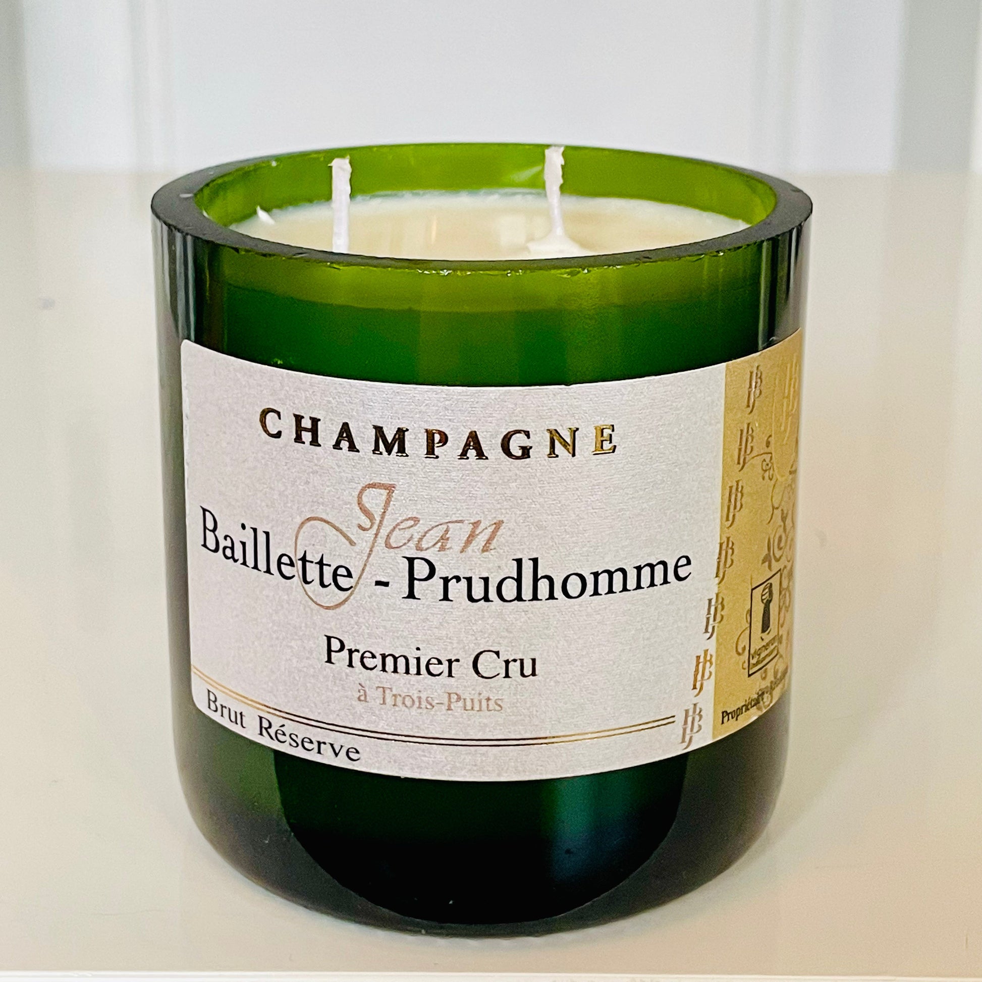 Flaschenkerze Jean Baillette-Prudhomme Premier Cru Brut Réserve als Upcycling Kerze aus originaler Sektflasche