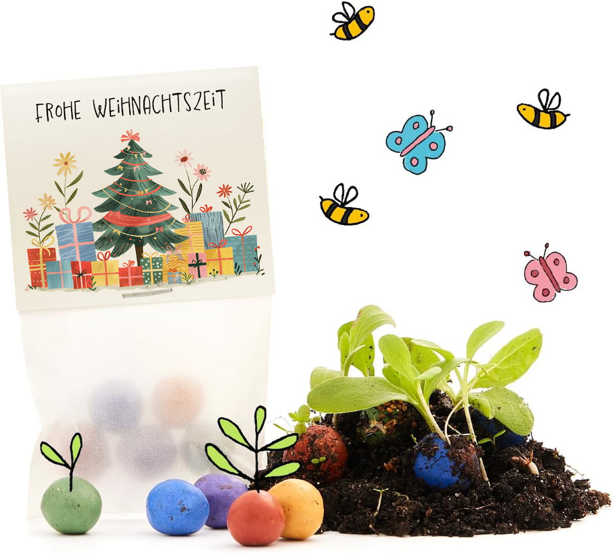 Bunte Blumenmurmeln Frohe Weihnachtszeit mit Wildblumensaatgut freigestellt