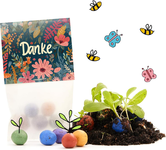 50 Blumenmurmeln „Danke“ – 10 Tütchen à 5 Saatkugeln