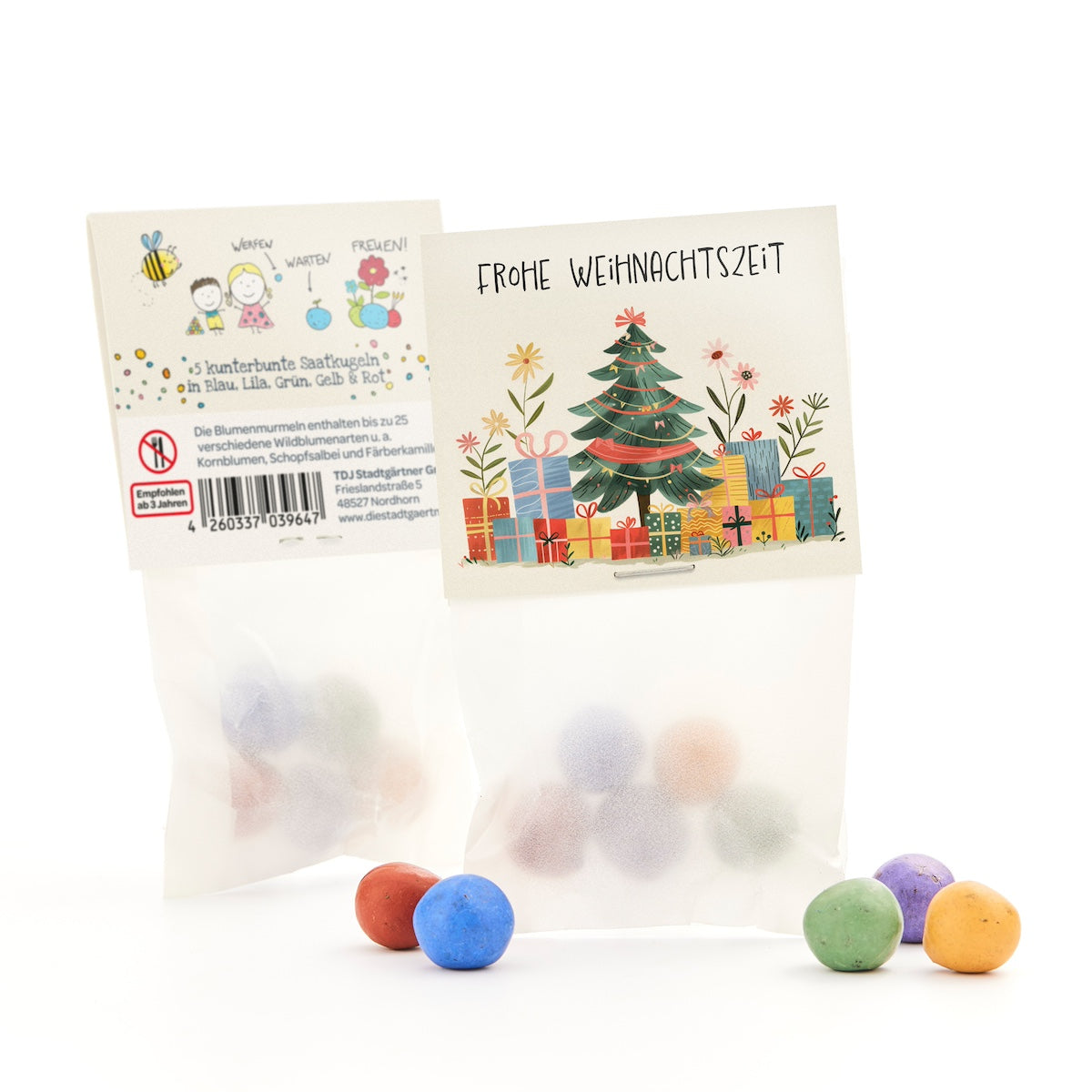 Blumenmurmeln Frohe Weihnachtszeit im Geschenktütchen mit Weihnachtsmotiv