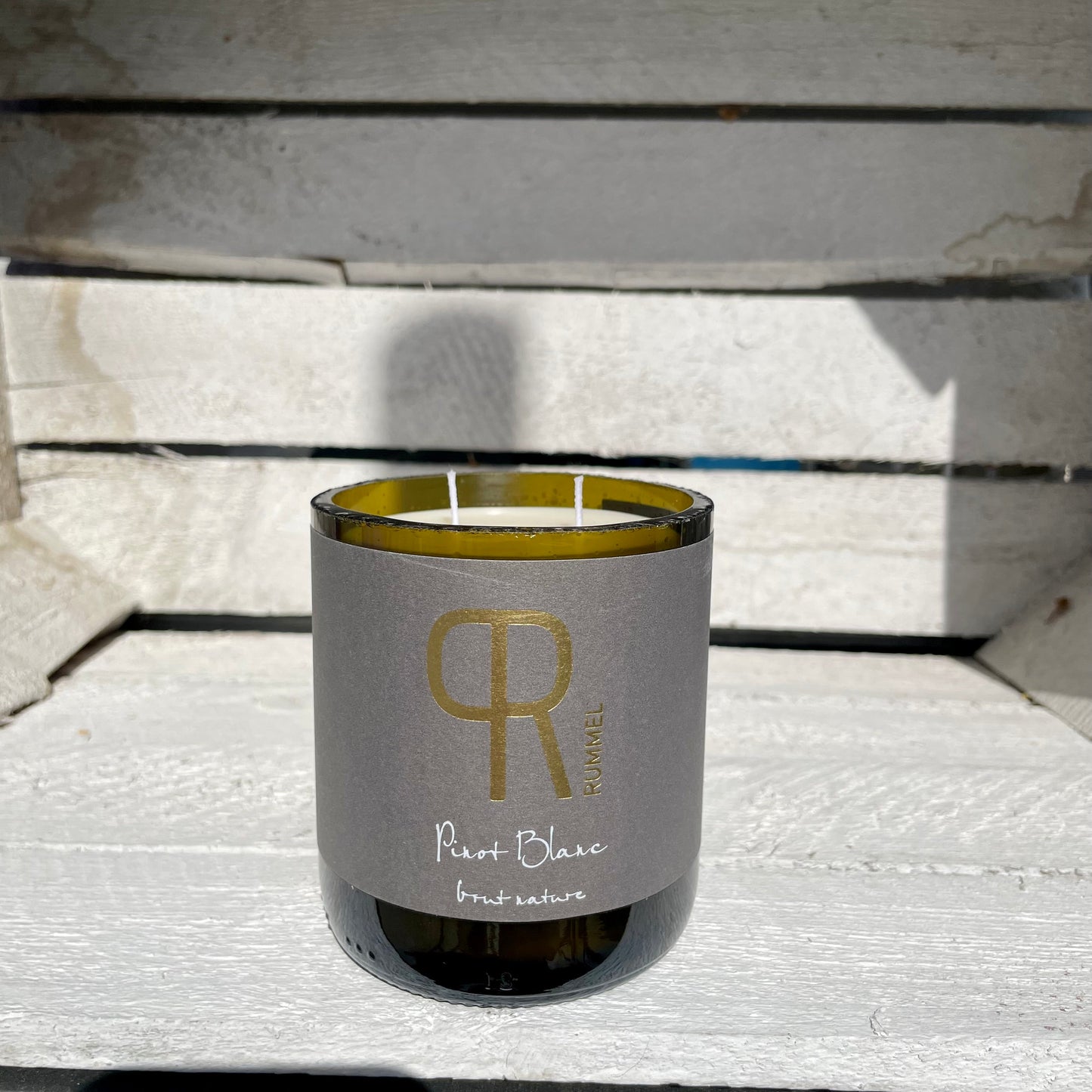 Flaschenkerze Rummel Pinot Blanc Brut als Upcycling Kerze aus originaler Sektflasche