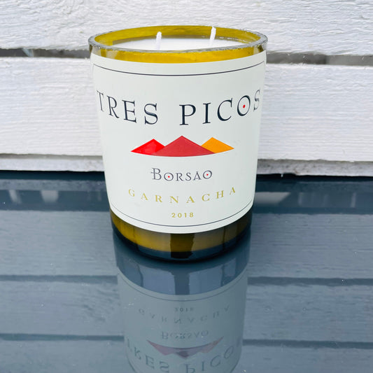 Flaschenkerze Borsao Tres Picos Garnacha 2018 als Upcycling Kerze aus originaler Weinflasche