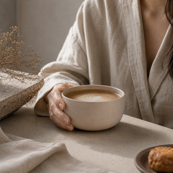Nahaufnahme der KUMO Cappuccino Tasse Beige mit natürlicher Keramik-Oberfläche