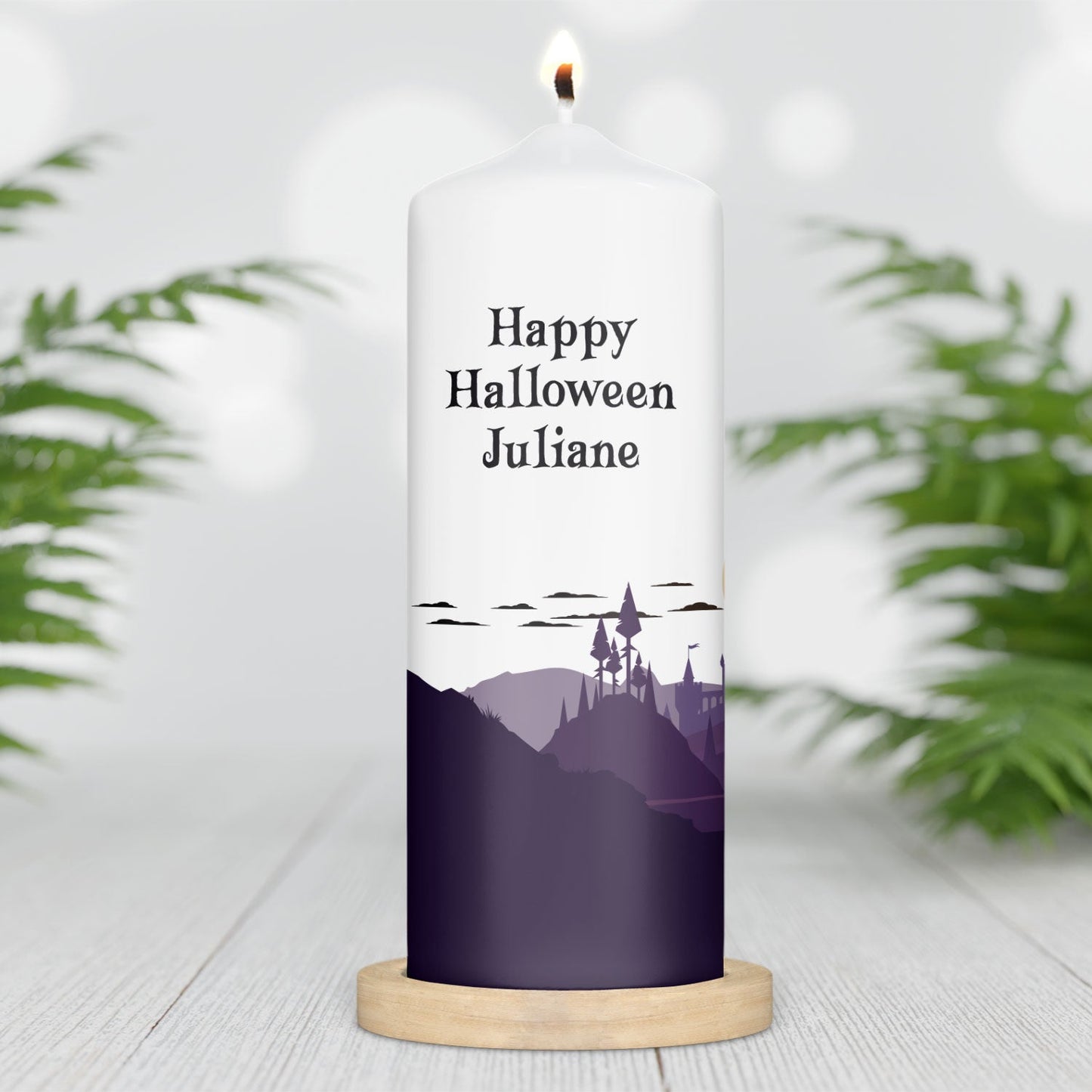 Halloween-kaars Spookkasteel met gepersonaliseerde naam aan de achterzijde