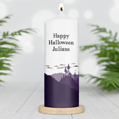 Halloween-kaars Spookkasteel met gepersonaliseerde naam aan de achterzijde