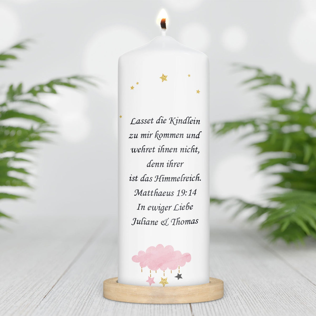 Kinder-Gedenkkerze Wolkenschaukel mit Name und Datum
